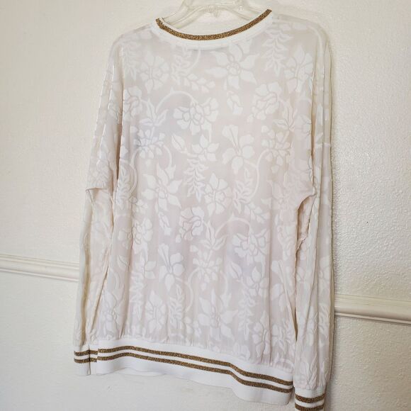 Desigual Women's XL Off-White Burnout Velvet Floral Sheer Top Gold Trim Pullover - Picture 12 of 15